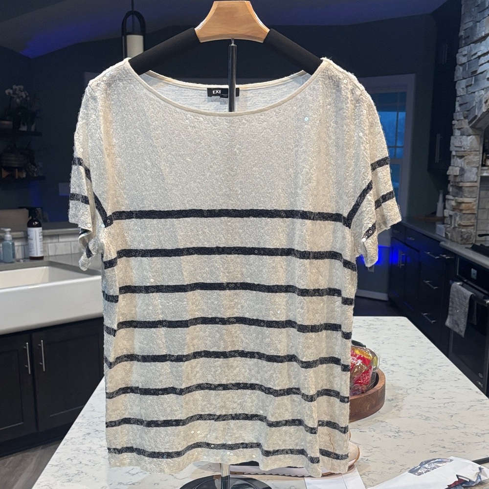 Express Sequin Striped Tee in White and Black